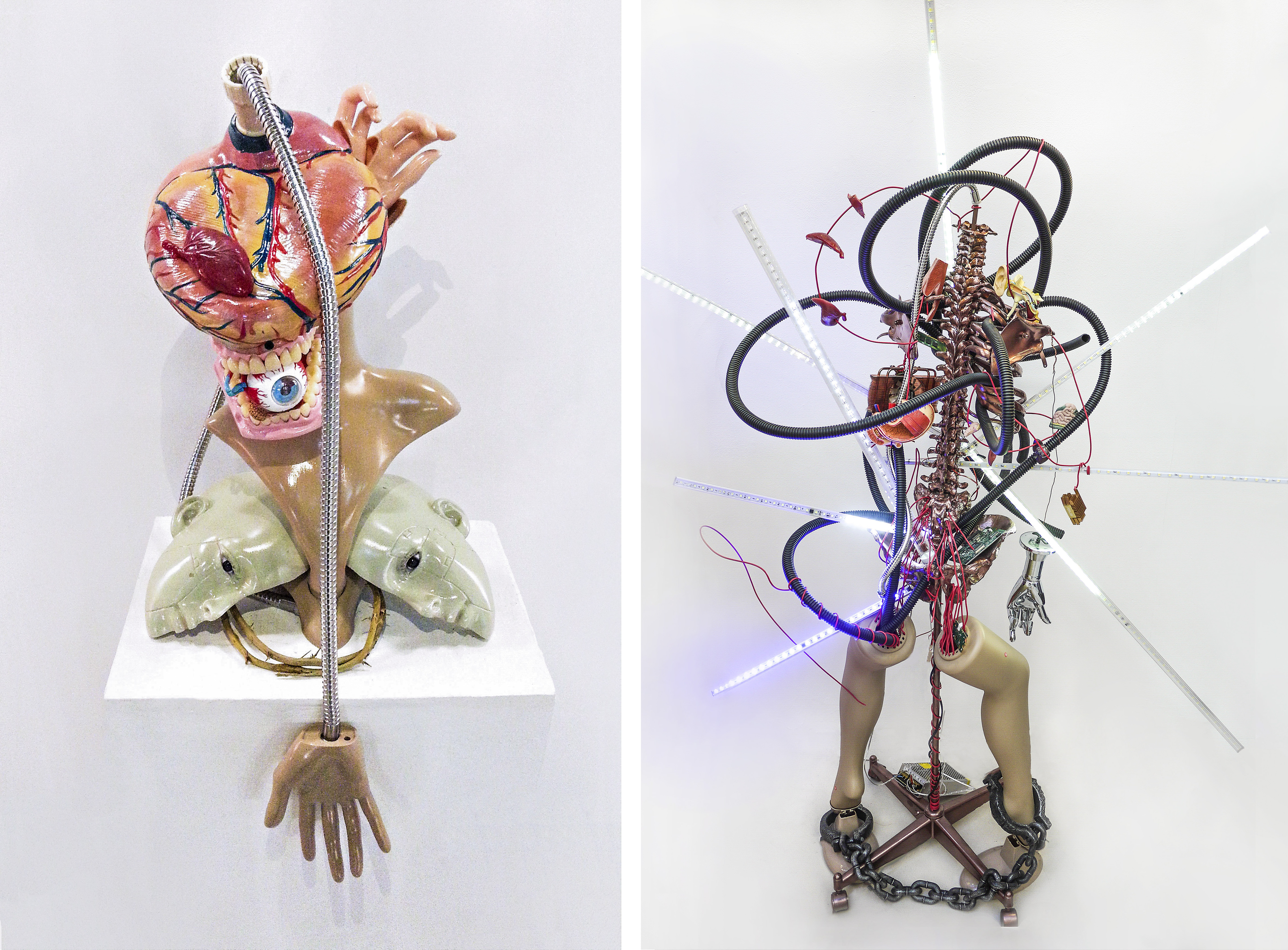 12 Homosacer1-1, Homosacer 4, dummy, anatomy model, motion sensor, dc-motor, wire, LED light, mixed media, 40x30x60(cm) 2015