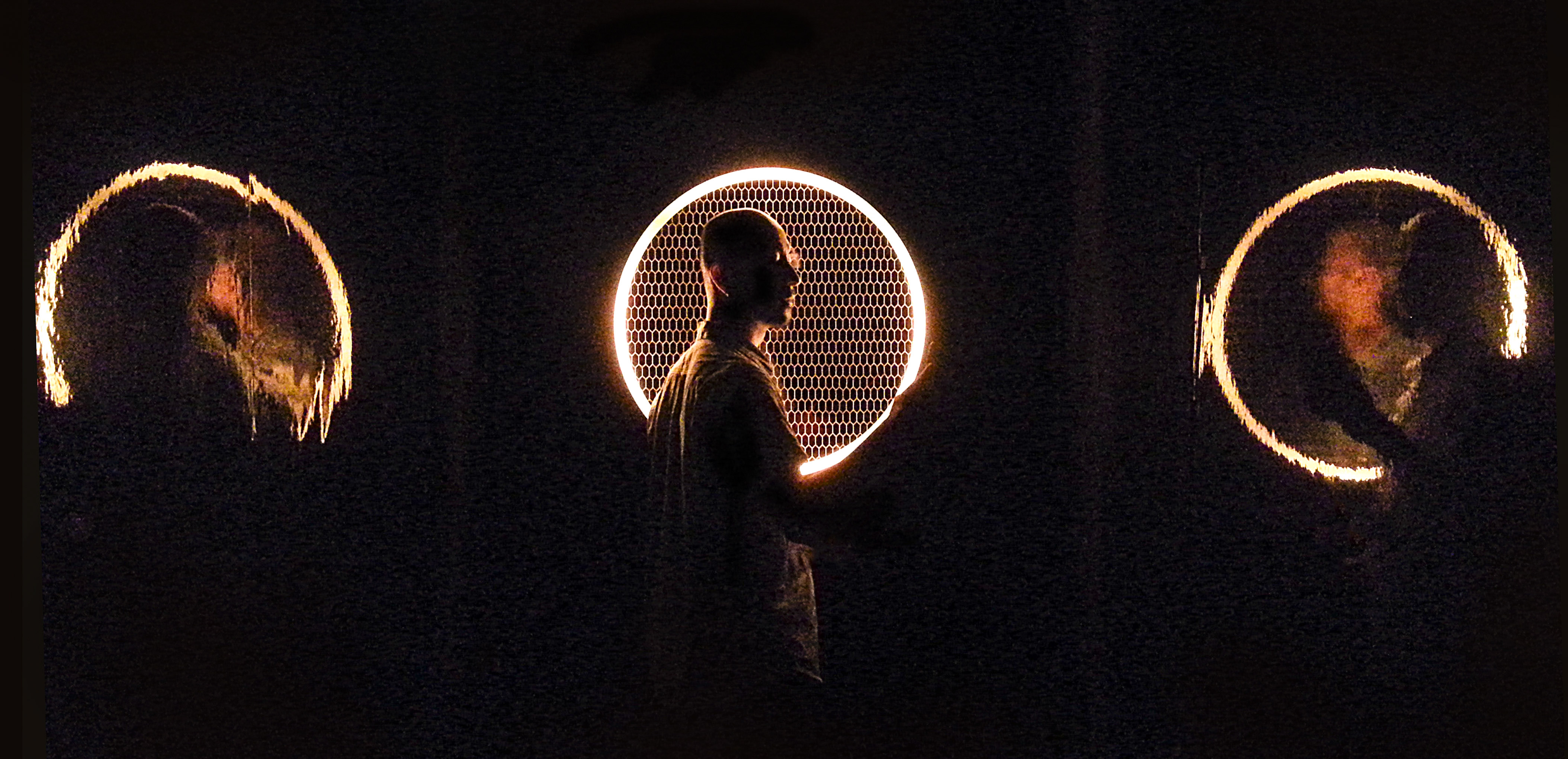 15 Toroidal (passage #9 detail), motion sensor, LED light, stainless steel, speaker, wallpaper, mixed media, dimensions variable, 2014